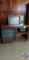 Old Fashion TV on TV cabinet with wheels, Glass Doors with shelves behind them, 2 open shelves on