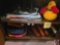 Assorted Items: Game Paddles, Duck, Glasses, plates, tubs.