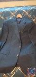 A pinstripe men's 3-piece suit jackets range and size of 42 short to 44 short, pants range and waist