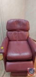 (2) Leather Reclining Chairs,Floor Lamp, Round Glass top table, canvas shoe holder, box of assorted