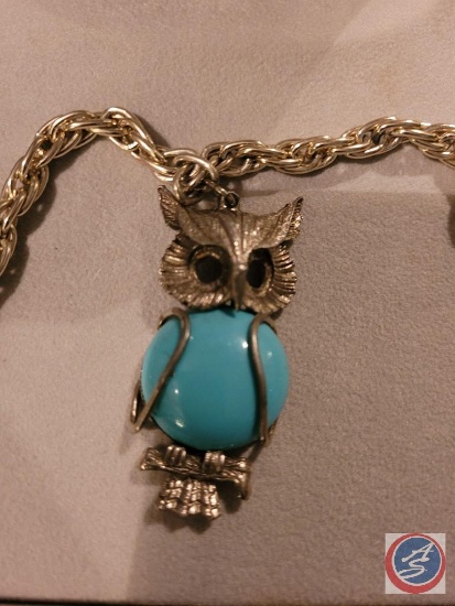Vintage owl with turquoise stone on a 28" necklace