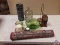 (2) Green bowls, glass jug, one black vase, paper towel holder, a clock,... some candles
