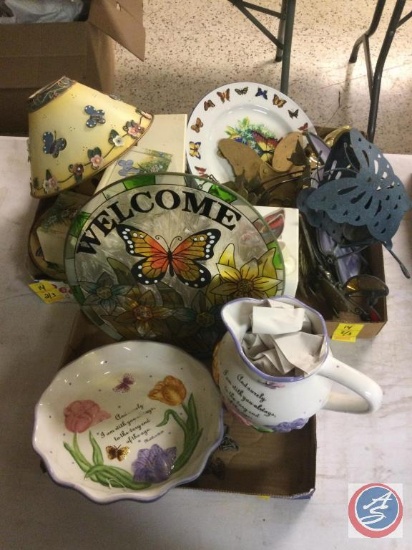 Large assortment of butterfly decor. Including drawers, Stainglass, pitcher, candleholders, plate,