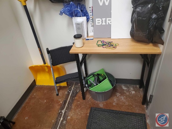 Metal and wooden table, Snow shovel by True Temper, Cosco folding step stool, and metal bucket.