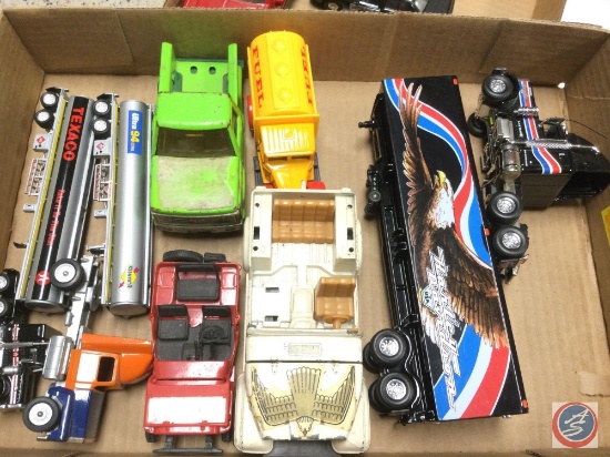 Assorted Die Cast Trucks, Trailers, Jeeps and Tractor/Trailer