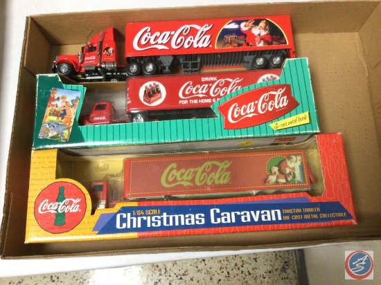 Coca-Cola Christmas caravan tractor trailer 164 scale, Coca-Cola diecast metal bank tractor trailer,