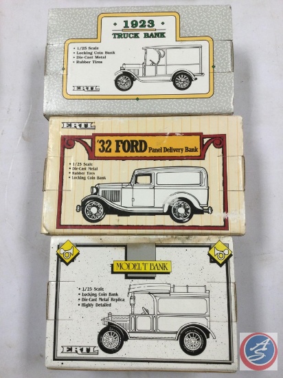 (1) ERTL Model T Bank 1/25 Scale Locking Coin Bank,...(1) ERTL 32 Ford Panel Delivery Locking Coin