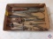 (1) Flat vintage tools, Chisels, Pipe wrenches, Calipers, Dividers.