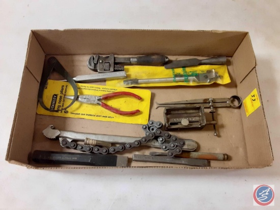 (1) Flat Assortment of Hand Tools, Pliers, Chisels, Punch, Pipe Wrench