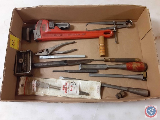 (1) Flat Assorted Tools, Punches, Chisels, Pipe Wrench, Caliper, Pliers, Drill Bit