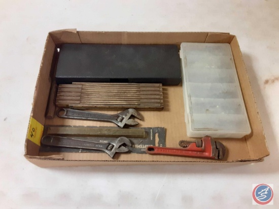 (1) Flat Crescent Wrenches, Pipe Wrench, Plastic Container of Cotter Pins, Dial Caliper, Vintage
