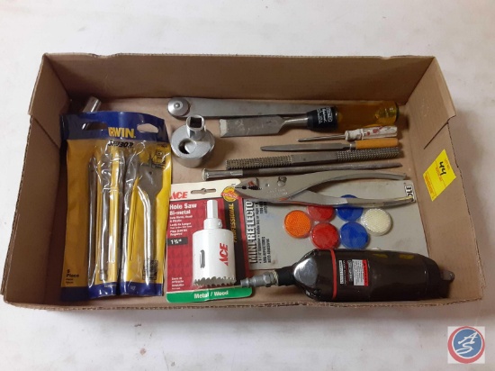 (1) Flat Assorted Tools, Irwin Drill BIts, Ace Hole Saw, Mini Reflectors, Chisels, File, Pliers,