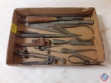 (1) Flat vintage tools, Chisels, Pipe wrenches, Calipers, Dividers.