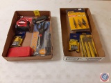 (1) Flat Tape Measure, Scissor, Folding Knife, Irwin Magnetic Nut Setter, Drill Bit , ????? - (1)