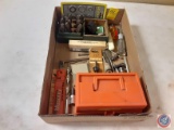 (1) Flat of assorted Router Bits, Metal Stamps, Key rings, screw drivers, Mandrel, Chuck Key other