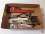 (1) Flat Assorted Tools Chisels, Coping Saw Blades, Wire Cutter, Drill Bits, Pipe Wrenches