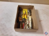 (1) Flat Assorted Tools, Calipers, Punches, Chisels, Pipe Wrench, Irwin Lockhead...Expandable Drill