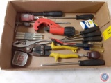 (1) Flat Assorted Tools, Screwdrivers, Punch Set, Tape Measure, Pliers, Tin Snips, Pipe Cutter