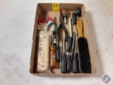 (1) Flat Assorted Tools, Screwdrivers, Brush, Tape Measure, Pliers, Punches, Corner Rounding Tool...