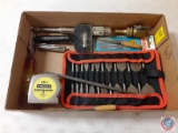 (1) Flat Assorted Tools, Tape Measure, Chisel, File, Drill Bit Set, Swiss Looking Knife......