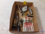 (1) Flat Assorted Tools - Chalk Line, Hex Keys, Files, Screwdrivers, Power Bit Set, Wire Brush, File