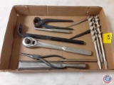 (1) Flat Assorted Tools - Vintage Tong Pliers, Punches, Chisel, Crowbar, Hand Drill Bits