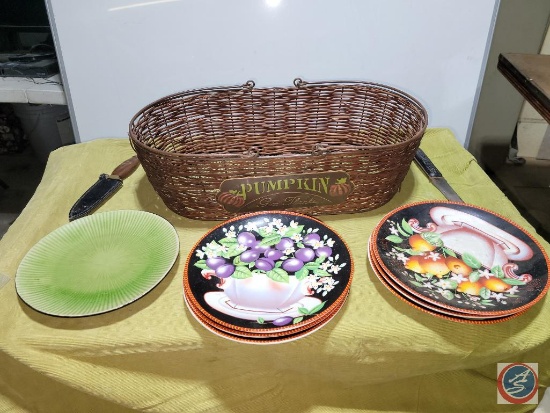 Assorted plates and basket
