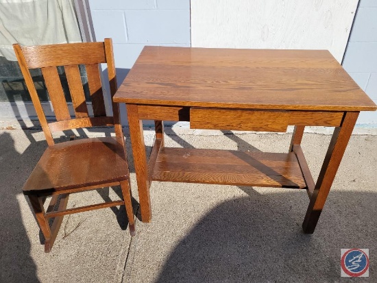 Vintage solid oak wood desk and chair