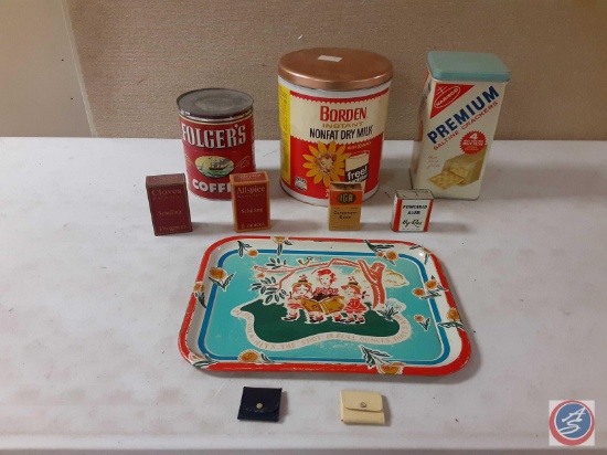 Vintage Pepsi Cola tray, Borden instant nonfat dry milk tin, Nabisco Premium Saltine cracker tin,