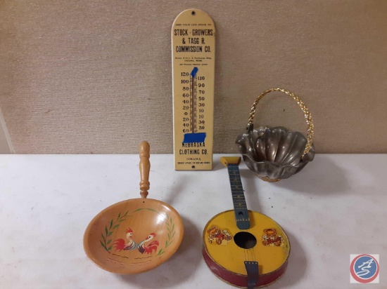 (1) Vintage stock growers thermometer, (2) painted wooden decor pieces, (1) vintage silver