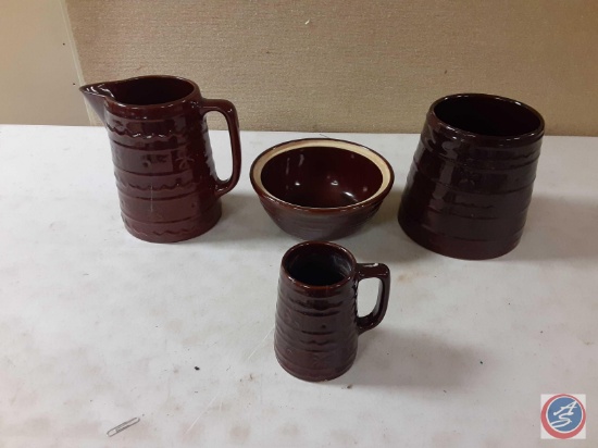 Vintage Mar-crest stoneware pitcher and bowl, vintage brown ripple carafe and mug (no markings)