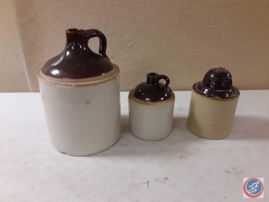 (1) Vintage two tone stoneware crock jug, (1) vintage two tone stoneware jug, (1) vintage...Weir