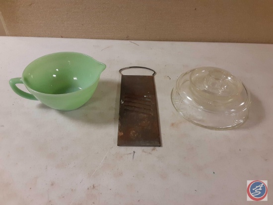 (1)...Vintage Fire King Jadiete...green mixing bowl pitcher, (1) vintage...slaw / veggie cutter, (1)