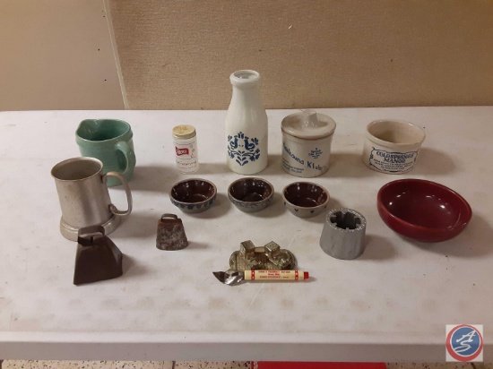 Assortment of coffee mug, bowls, bottle opener, Stoneware crocks and bells