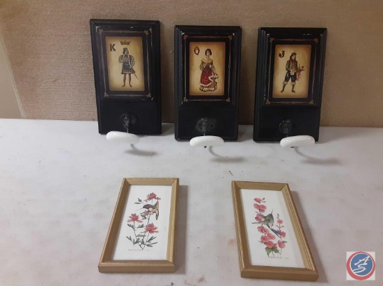 (3) Vintage porcelain knob coat hooks with painting K, Q, J, (2) framed prints of Hummingbirds with