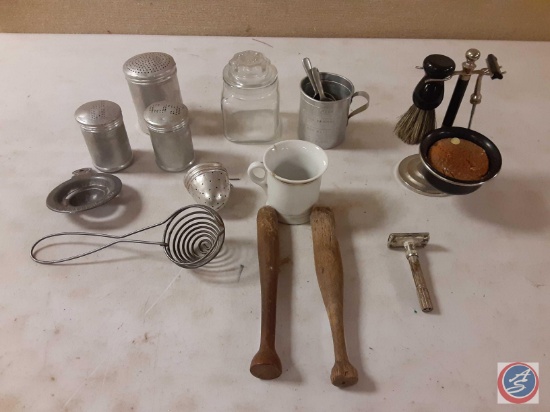 Assortment of vintage kitchen accessories and shaving kit with stand
