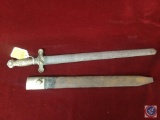 Sword with cover, small amount to rust on blade, sheath cracked and opened, total L 23 1/2