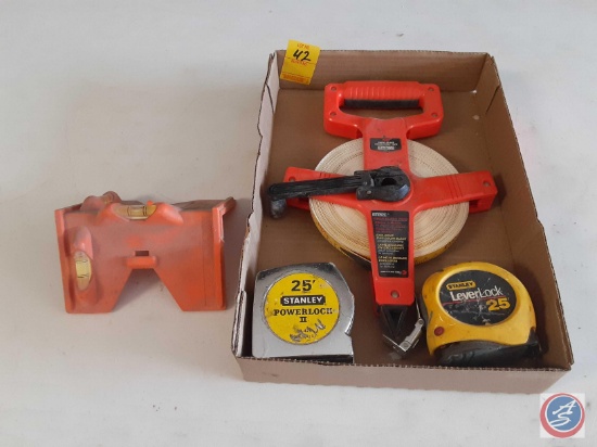 (1)...Johnson Heavy Duty post and pipe level - No. 175 Orange, (2) Stanley tape measures, (1) Empire
