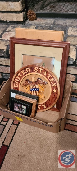 Wood with a Old Vintage Ship carved in it, Framed Picture of Bird sitting on Tree Branches, Wood