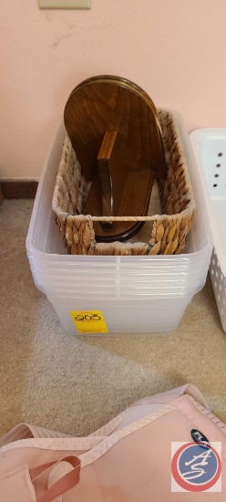 Clear Totes with lids, Wicker Basket, Wood Shelf, Scale, 2 Wicker Shelf.