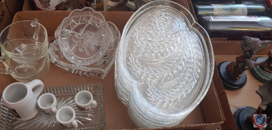 (1) Flat of Glass serving plates, Candy DIsh, Glass cups, Peggy Karr Glass Tulip Plate, Silver