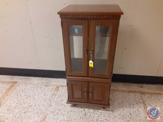 Wood Cabinet on wheels with 2 doors on top with glass, 2 solid doors on bottom approx measurements