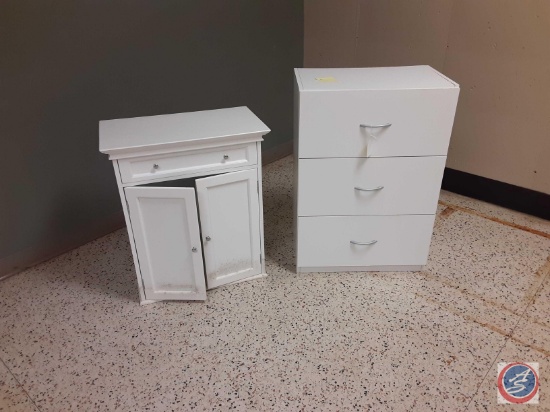 (1) White 3 drawer cabinet, (1) White small cabinet with 2 doors and one drawer. See pictures for