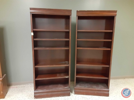 {{2X$BID}} (2) Wood Bookcases with 5 shelves. Approx measurements are: 32.5 X 13 X 77.