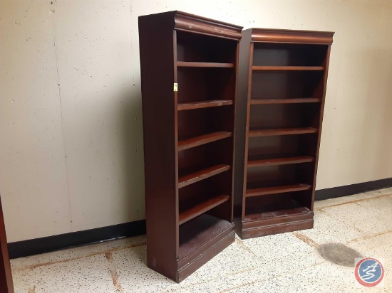 {{2X$BID}} (2) Wood Bookcases with 5 shelves. Approx measurements are: 32.5 X 13 X 77.