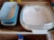 (1) Flat of assorted Kitchen Utensils, Butcher Block of Knives, Pyrex Bowl, Blue Pyrex Bread Pans,