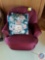 Maroon Chair and Pillow approx size is 28 W X 18 D x 32 H, Round Antique End Table approx size is 12