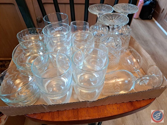 (1) Flat of Clear Glasses, (1) Flat of assorted jars, Travel Cups, (1) Flat of Wine Glasses, Salt