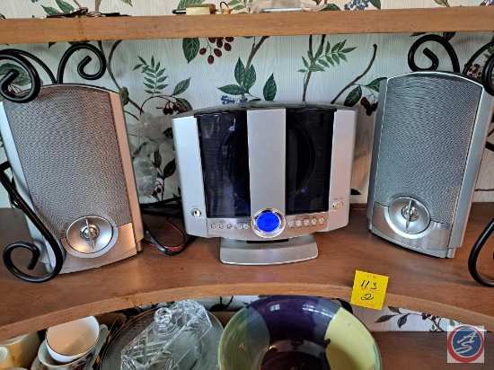 GPX CD Home Music System with speakers, (2) Glass Vases with Artifical vines in them, Glass Plates,