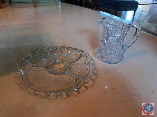 Glass Relish dish, Glass Pitcher, Glass Serving Plates, Frosted Hurricane Lamp, Blue Mug, Silver 3